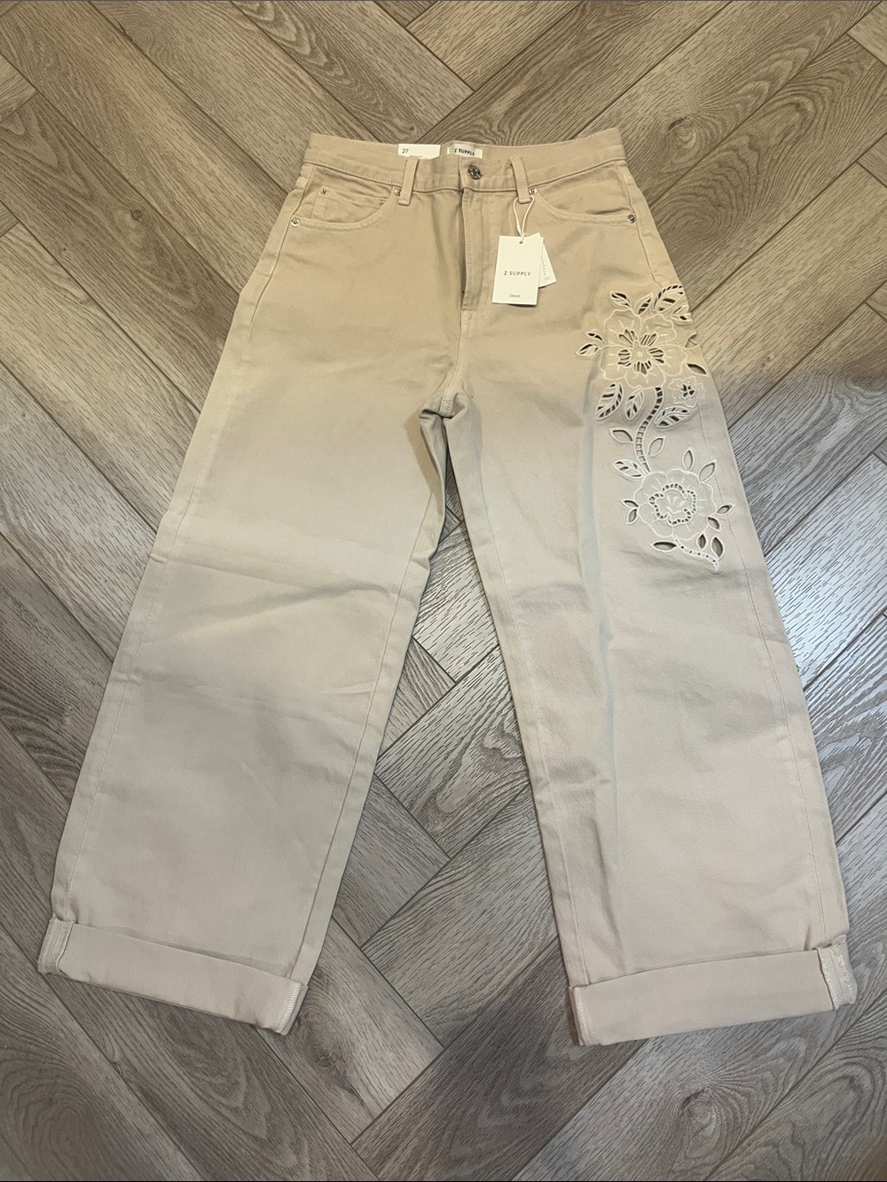 Z Supply Beige Floral Cutout Boyfriend Jeans